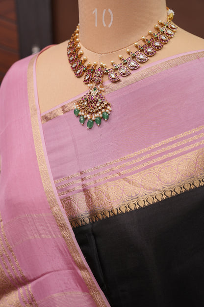 Plain Crepe Silk Saree  - Black & Pink