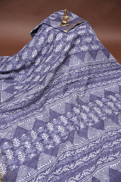 Mul Mul Cotton Ajrak Print Saree - Grey
