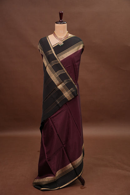 Plain Crepe Silk Saree - Plum and Black