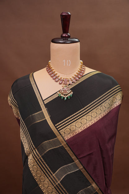 Plain Crepe Silk Saree - Plum and Black
