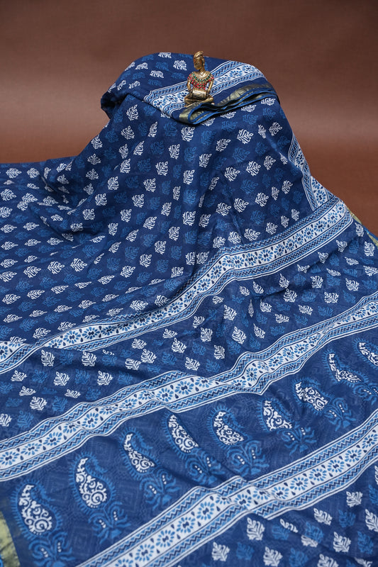 Mul Mul Cotton Ajrak Print Saree - Indigo Blue