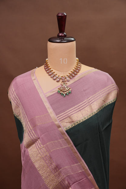 Plain Crepe Silk Saree - Bottle Green and Pink