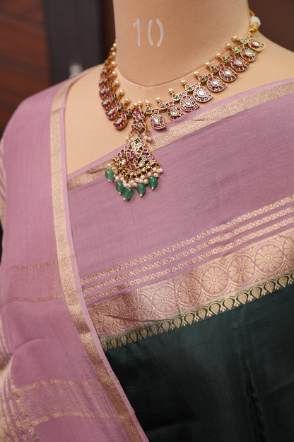 Plain Crepe Silk Saree - Bottle Green and Pink