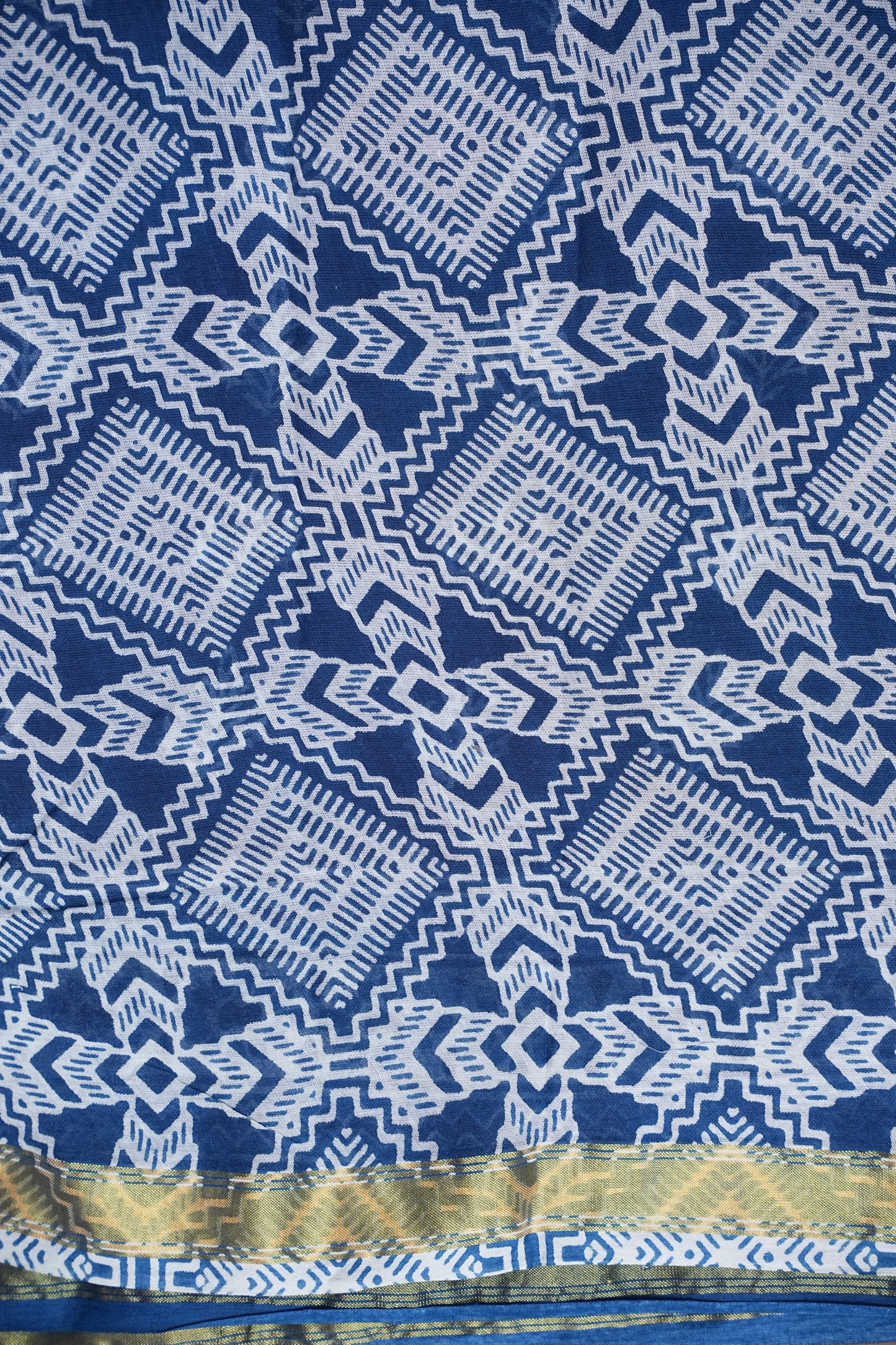 Mul Mul Cotton Ajrak Print Saree - Indigo Blue