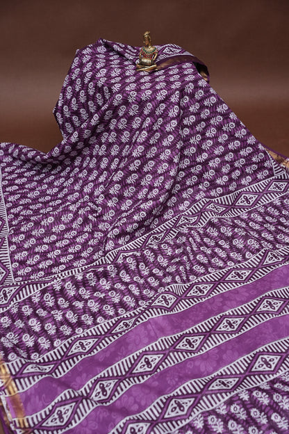 Mul Mul Cotton Ajrak Print Saree - Wine