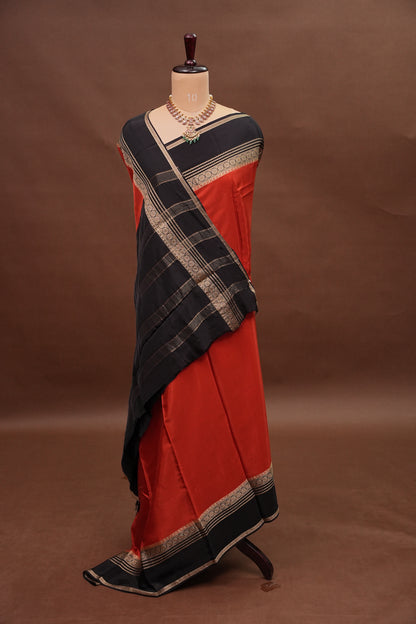 Plain Crepe Silk Saree - Rust and Black