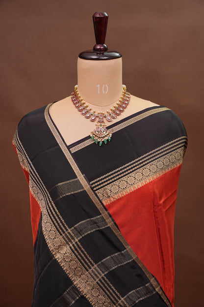 Plain Crepe Silk Saree - Rust and Black
