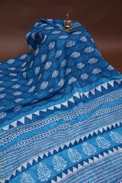 Mul Mul Cotton Ajrak Print Saree - Denim Blue