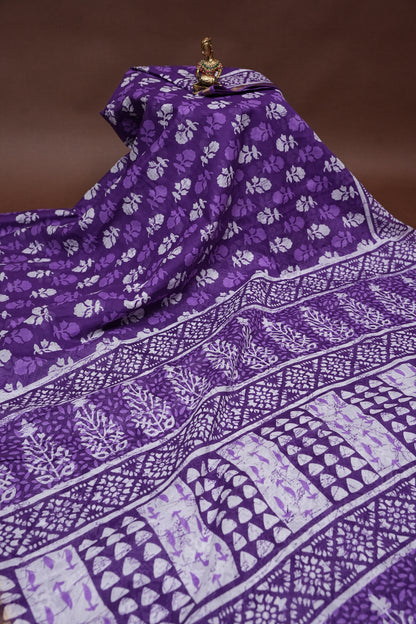 Mul Mul Cotton Ajrak Print Saree - Purple