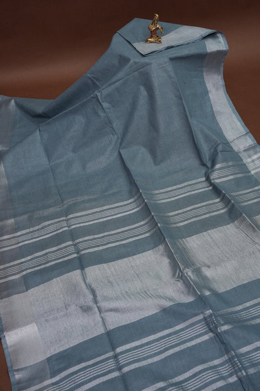 Pure Linen Saree with Tassles - Grey