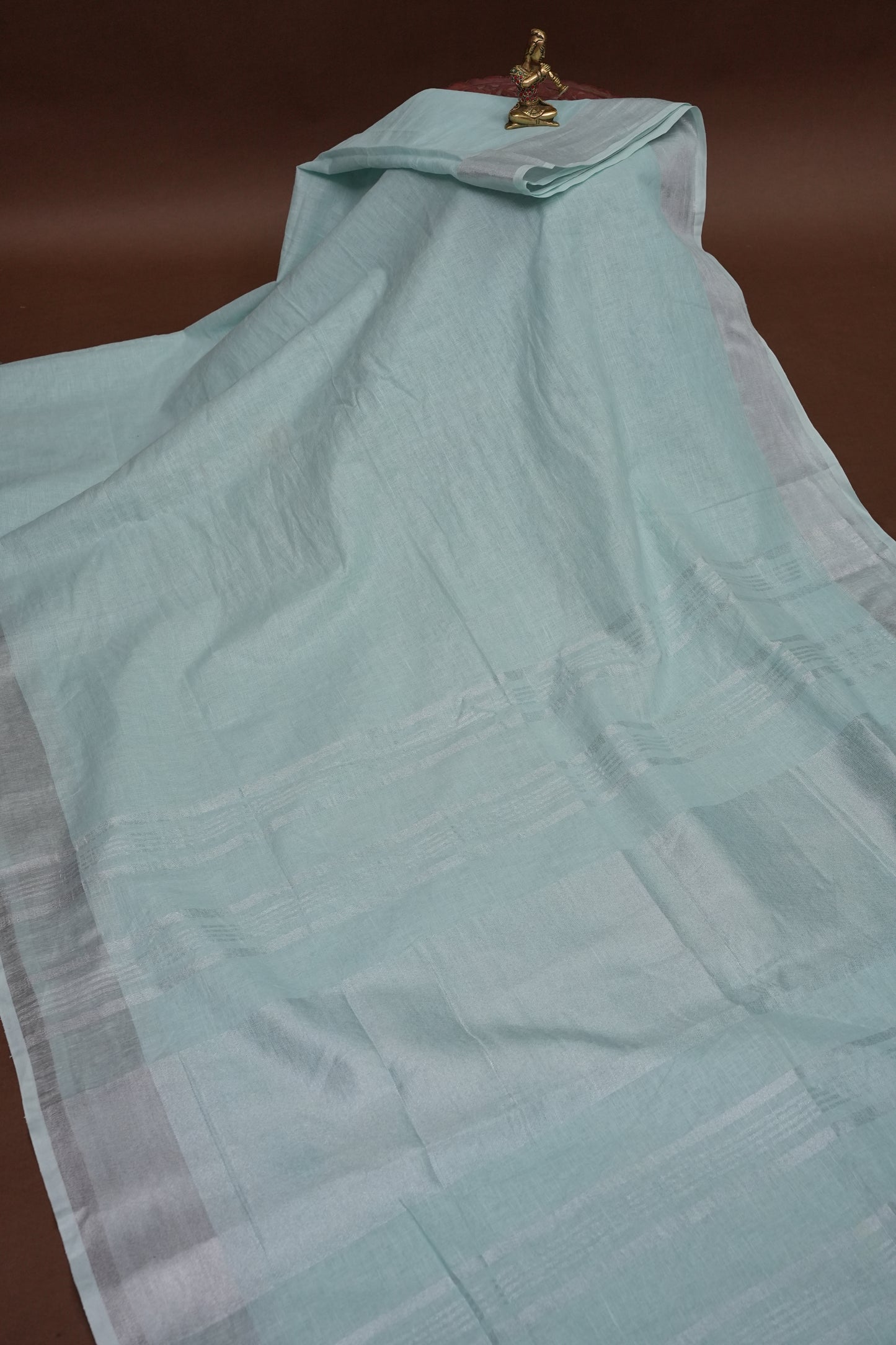 Pure Linen Saree with Tassles - Ice Blue