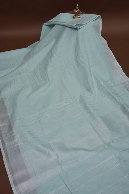 Pure Linen Saree with Tassles - Ice Blue