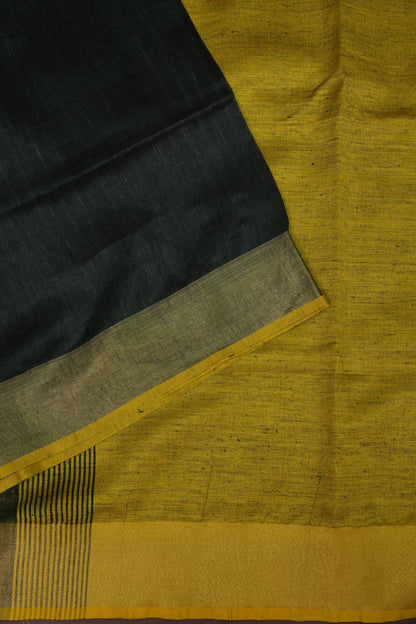Half & Half Pure Linen Saree with Tassles - Bottle Green & Rich Mustard Yellow