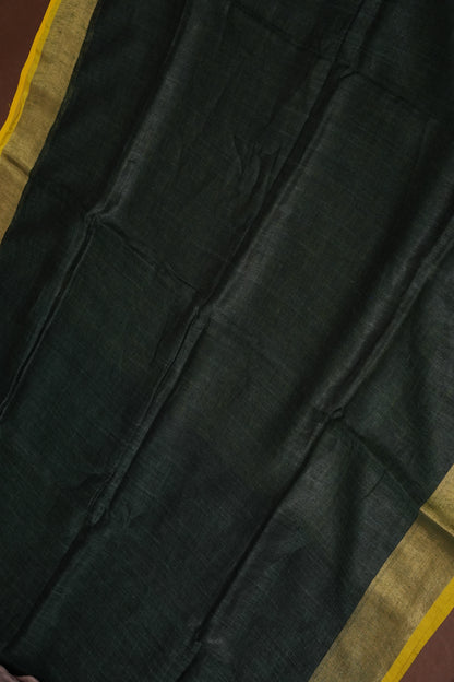 Half & Half Pure Linen Saree with Tassles - Bottle Green & Rich Mustard Yellow
