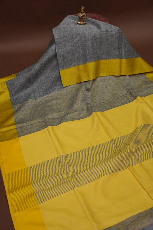 Pure Linen Saree with Tassles - Grey & Yellow