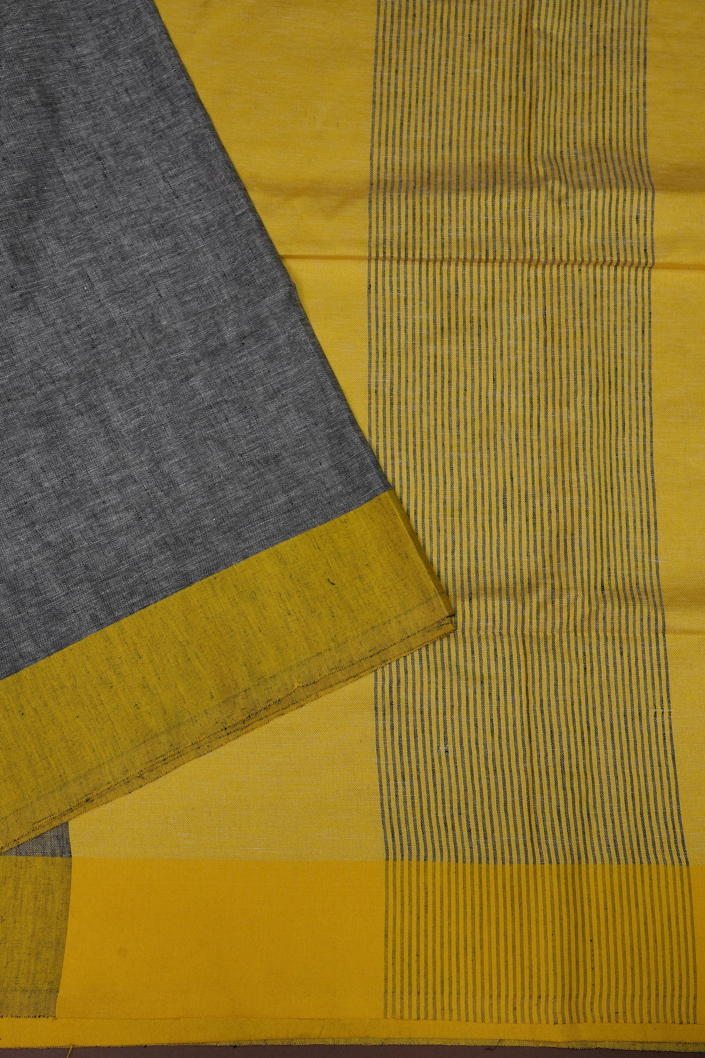 Pure Linen Saree with Tassles - Grey & Yellow