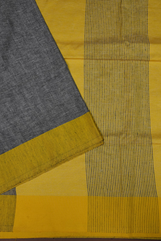 Pure Linen Saree with Tassles - Grey & Yellow