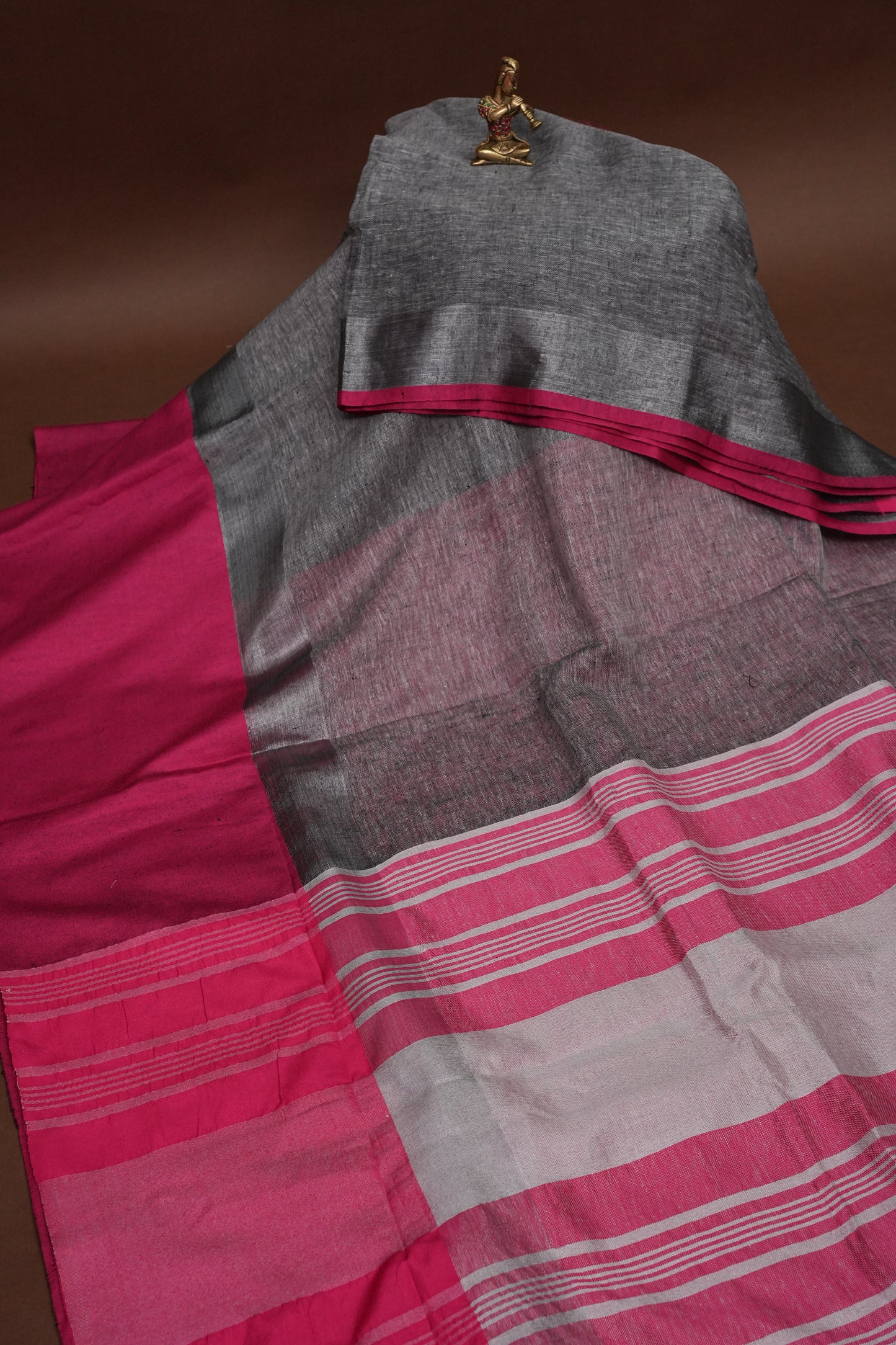 Pure Linen Saree with Tassles - Grey & Pink