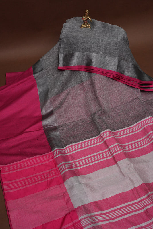 Pure Linen Saree with Tassles - Grey & Pink
