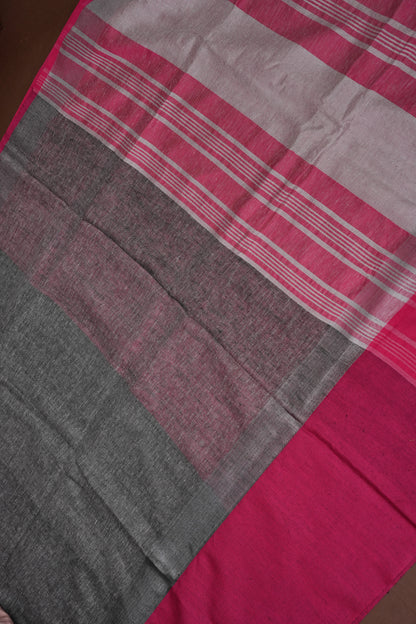 Pure Linen Saree with Tassles - Grey & Pink