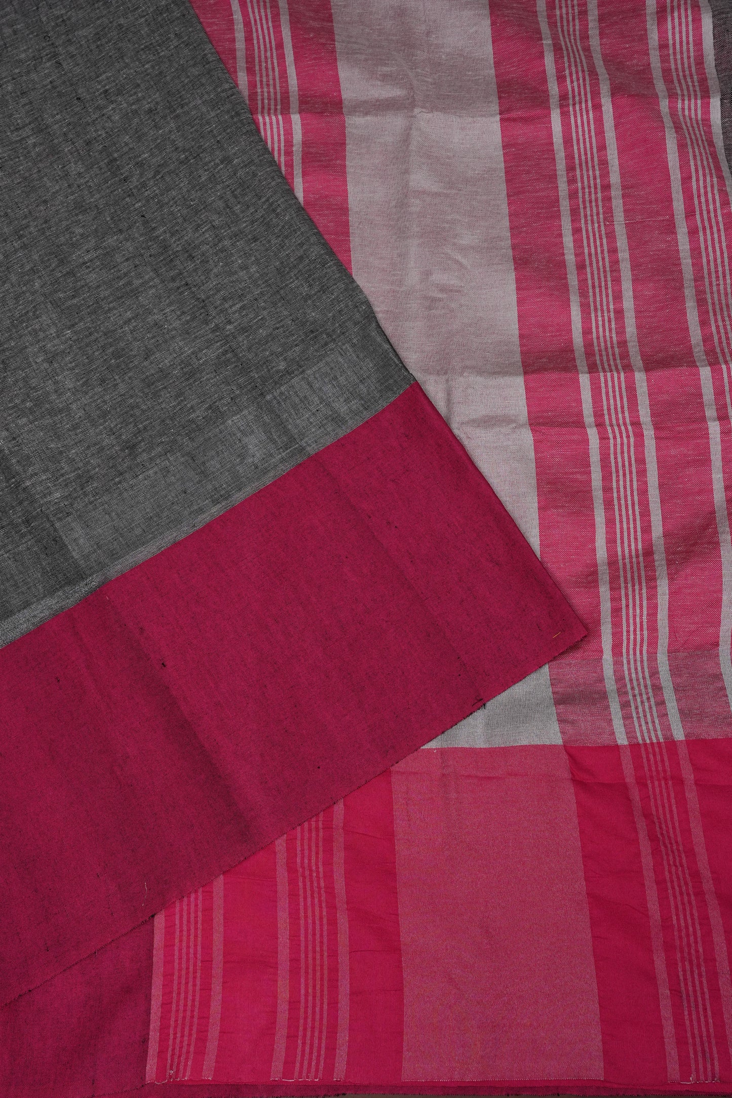 Pure Linen Saree with Tassles - Grey & Pink