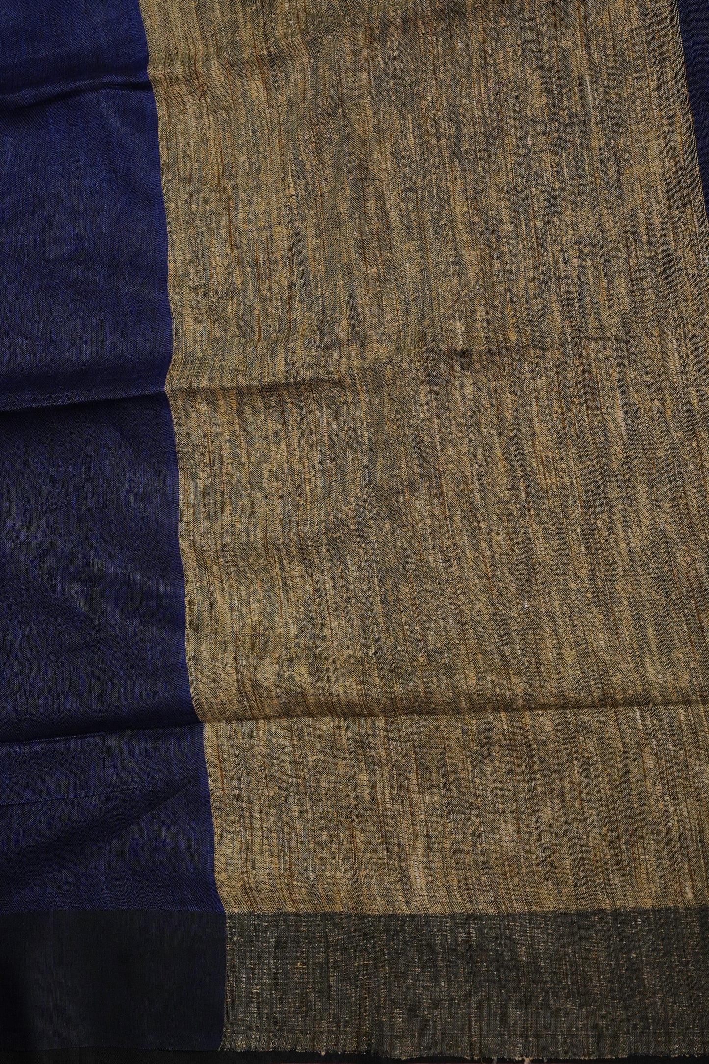 Half & Half Pure Linen Saree with Jute Pallu & Tassles - Teal Blue & Deeper Blue