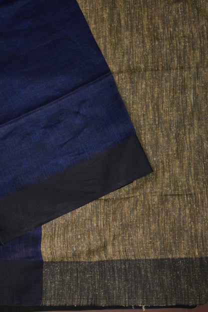 Half & Half Pure Linen Saree with Jute Pallu & Tassles - Teal Blue & Deeper Blue