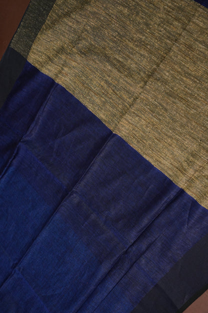 Half & Half Pure Linen Saree with Jute Pallu & Tassles - Teal Blue & Deeper Blue
