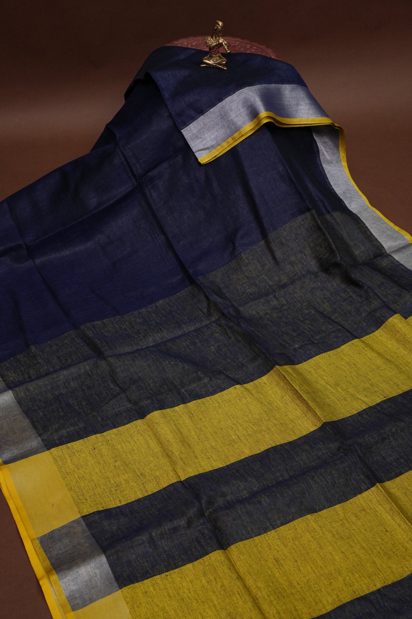 Pure Linen Saree with Tassles - Navy Blue & Mustard Yellow