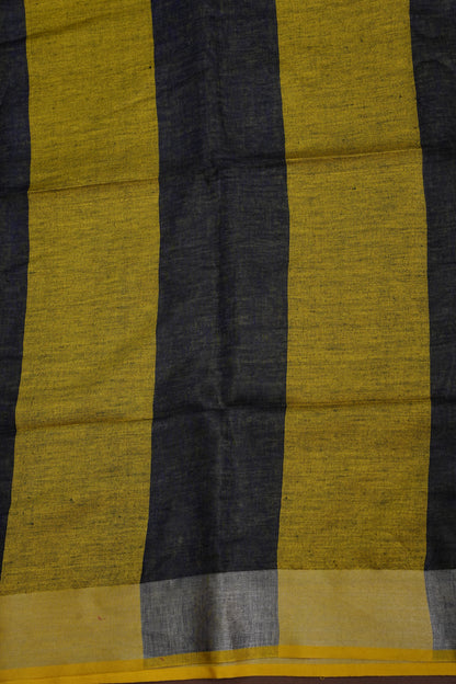 Pure Linen Saree with Tassles - Navy Blue & Mustard Yellow