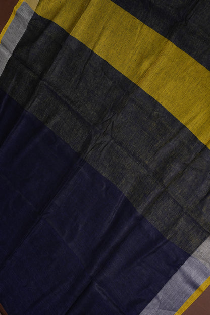 Pure Linen Saree with Tassles - Navy Blue & Mustard Yellow