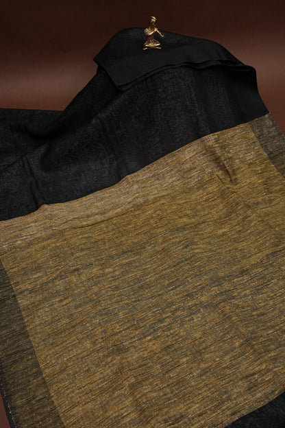 Half & Half Pure Linen Saree with Jute Pallu & Tassles - Black & Grey