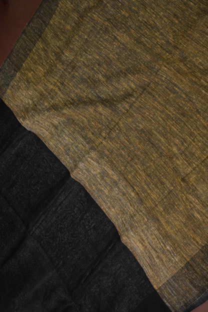 Half & Half Pure Linen Saree with Jute Pallu & Tassles - Black & Grey