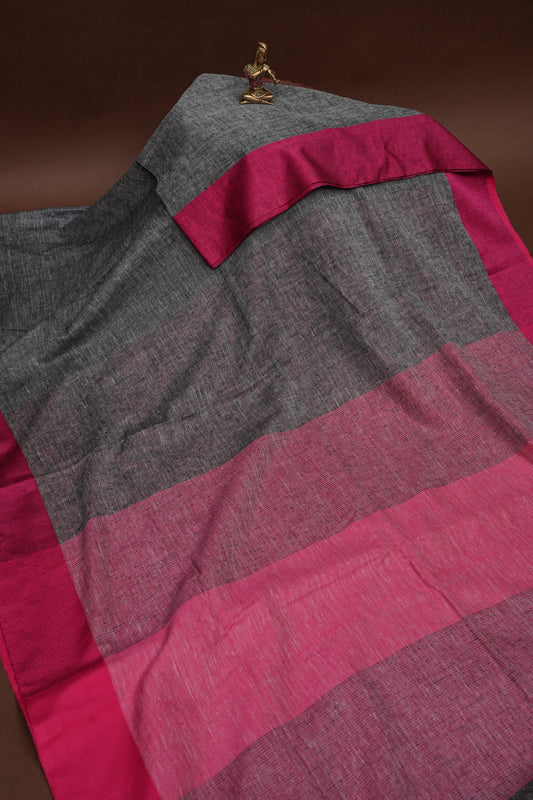 Pure Linen Saree with Tassles - Grey & Pink