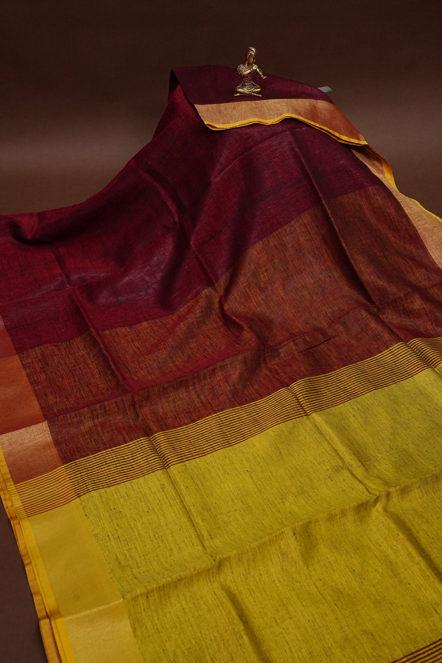 Pure Linen Saree with Tassles - Maroon & Mustard Yellow