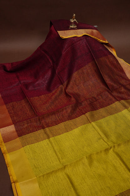Pure Linen Saree with Tassles - Maroon & Mustard Yellow