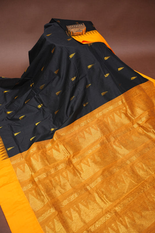 Temple Border Silk Cotton Saree - Black