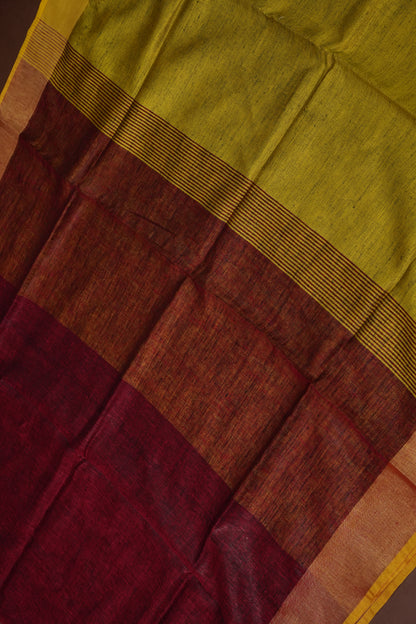 Pure Linen Saree with Tassles - Maroon & Mustard Yellow