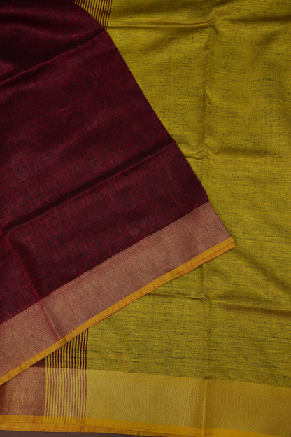 Pure Linen Saree with Tassles - Maroon & Mustard Yellow