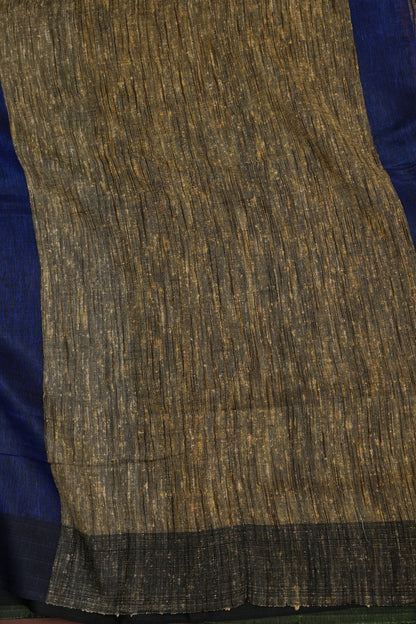 Half & Half Pure Linen Saree with Jute Pallu & Tassles - Blue with Forest Green