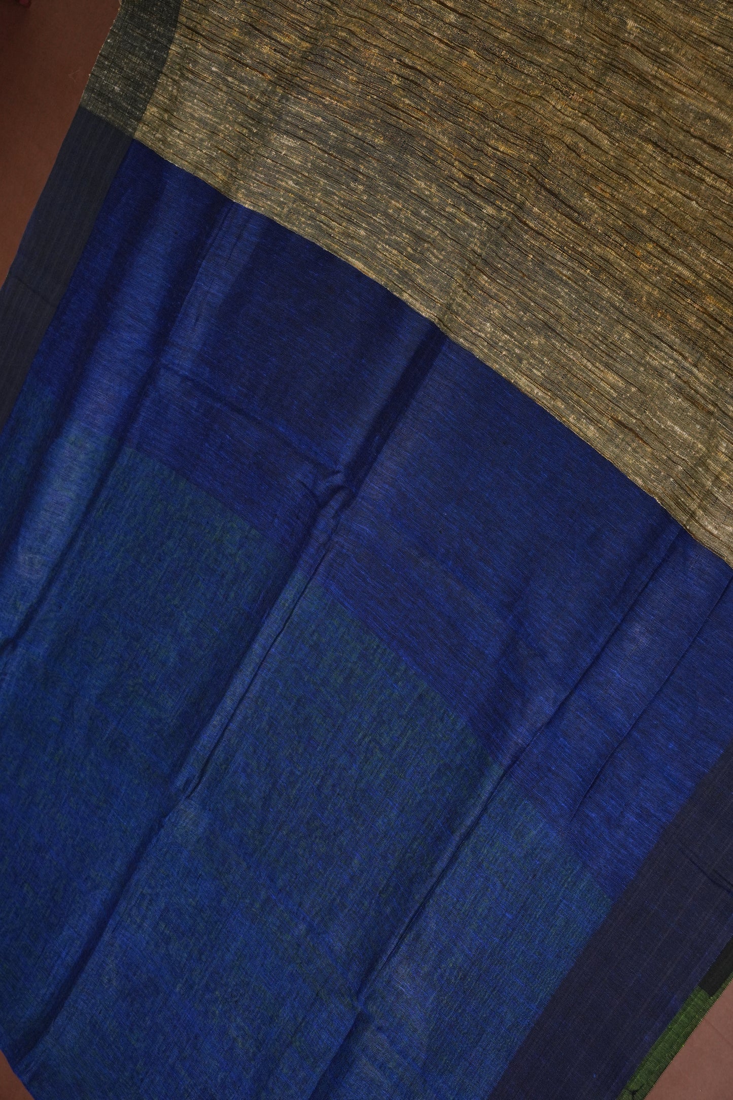 Half & Half Pure Linen Saree with Jute Pallu & Tassles - Blue with Forest Green
