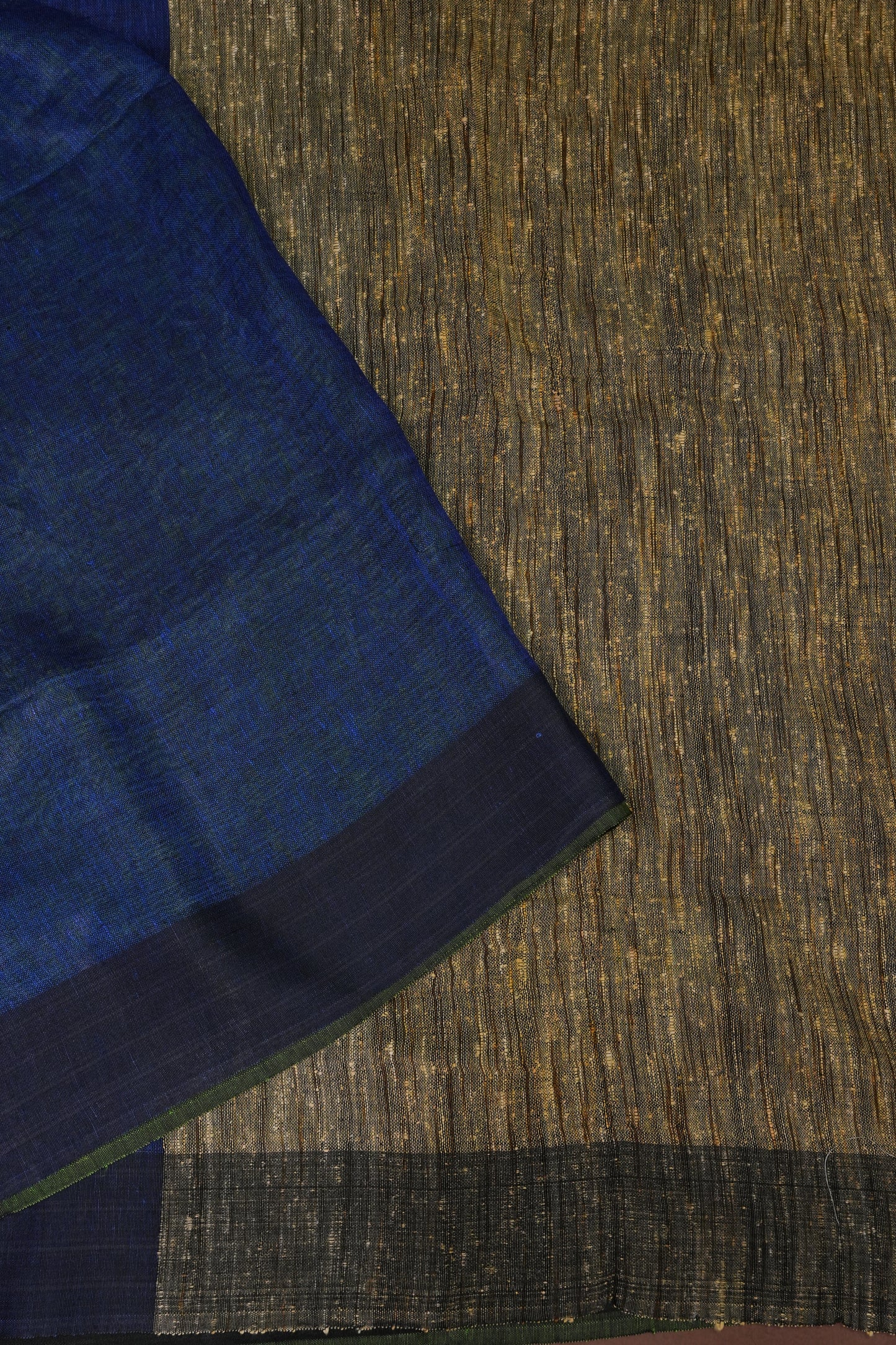 Half & Half Pure Linen Saree with Jute Pallu & Tassles - Blue with Forest Green