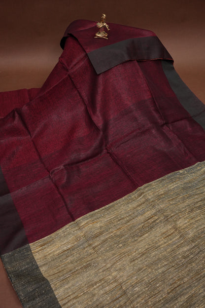 Half & Half Pure Linen Saree with Jute Pallu & Tassles - Maroon & Rust