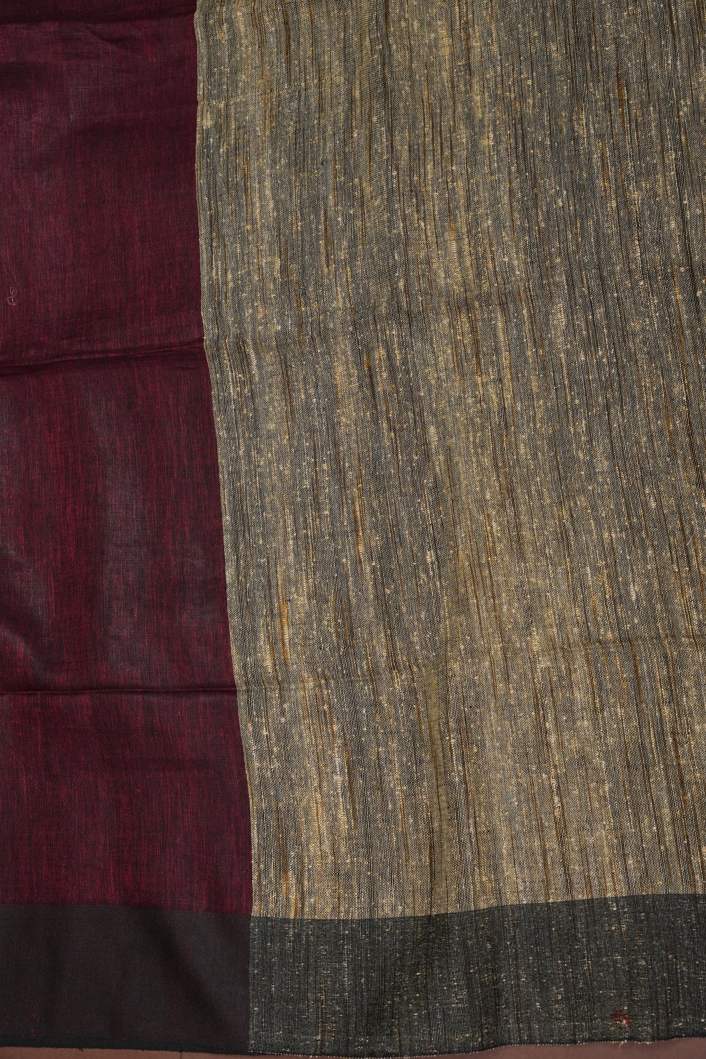 Half & Half Pure Linen Saree with Jute Pallu & Tassles - Maroon & Rust