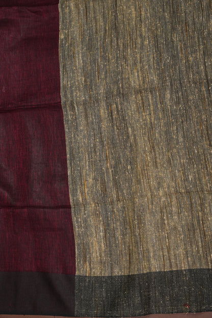 Half & Half Pure Linen Saree with Jute Pallu & Tassles - Maroon & Rust