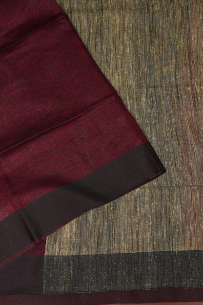Half & Half Pure Linen Saree with Jute Pallu & Tassles - Maroon & Rust