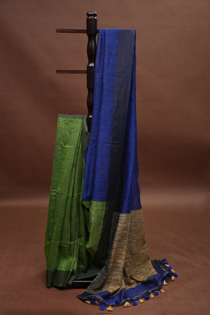 Half & Half Pure Linen Saree with Jute Pallu & Tassles - Blue with Forest Green