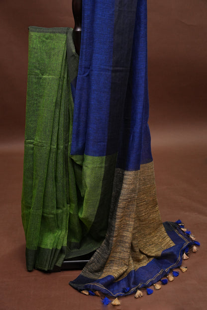 Half & Half Pure Linen Saree with Jute Pallu & Tassles - Blue with Forest Green