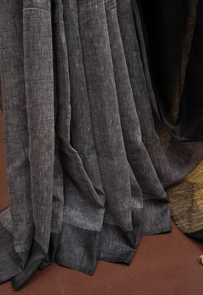 Half & Half Pure Linen Saree with Jute Pallu & Tassles - Black & Grey