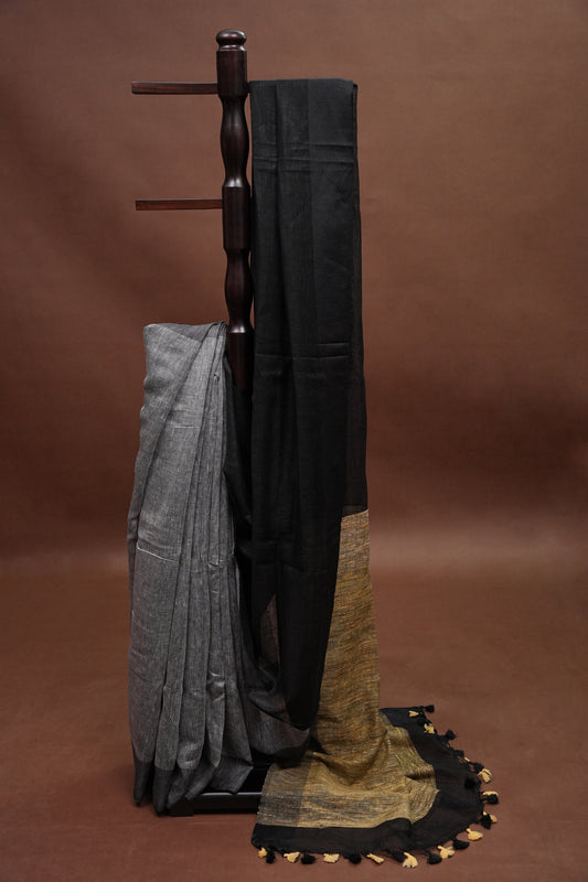 Half & Half Pure Linen Saree with Jute Pallu & Tassles - Black & Grey